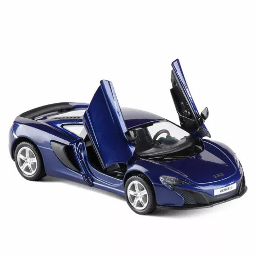 Blue diecast model car with doors open, 1:36 scale toy