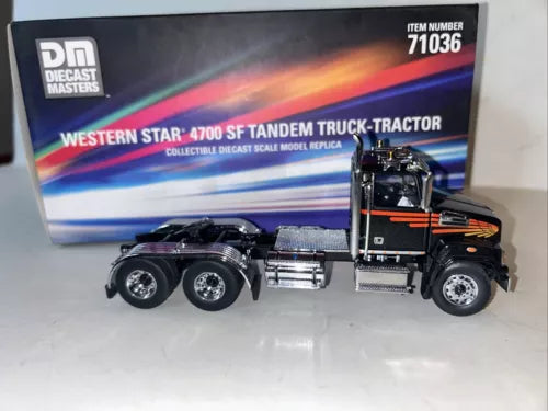 Diecast Masters Western Star 4700 truck model with tandem wheels, dark cab and orange stripe