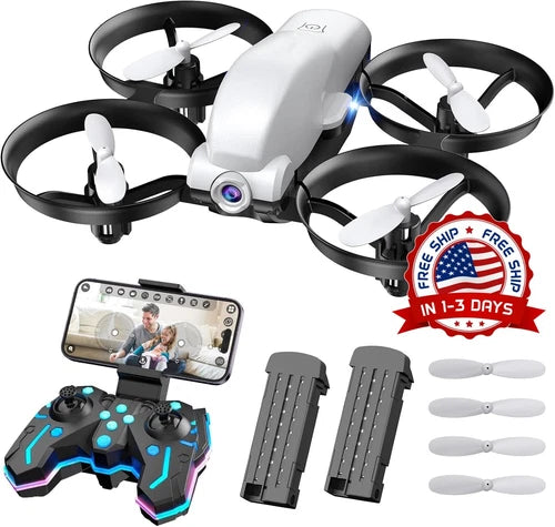 White FPV quadcopter drone with four black propellers, remote controller and batteries