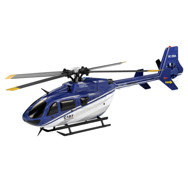 Blue and white RC helicopter with single main rotor and tail boom