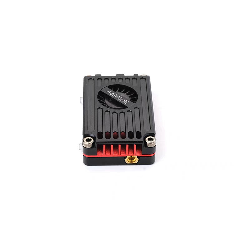Black FPV VTX transmitter with CNC heatsink shell and two metal connectors