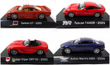 Set of 4 diecast sports cars, red and purple models on display stands