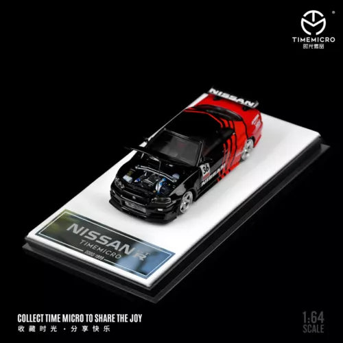1:64 diecast race car model with red and black Nissan livery on display base