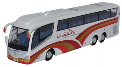 OO gauge coach bus model, white with red and yellow stripe, Bullocks lettering