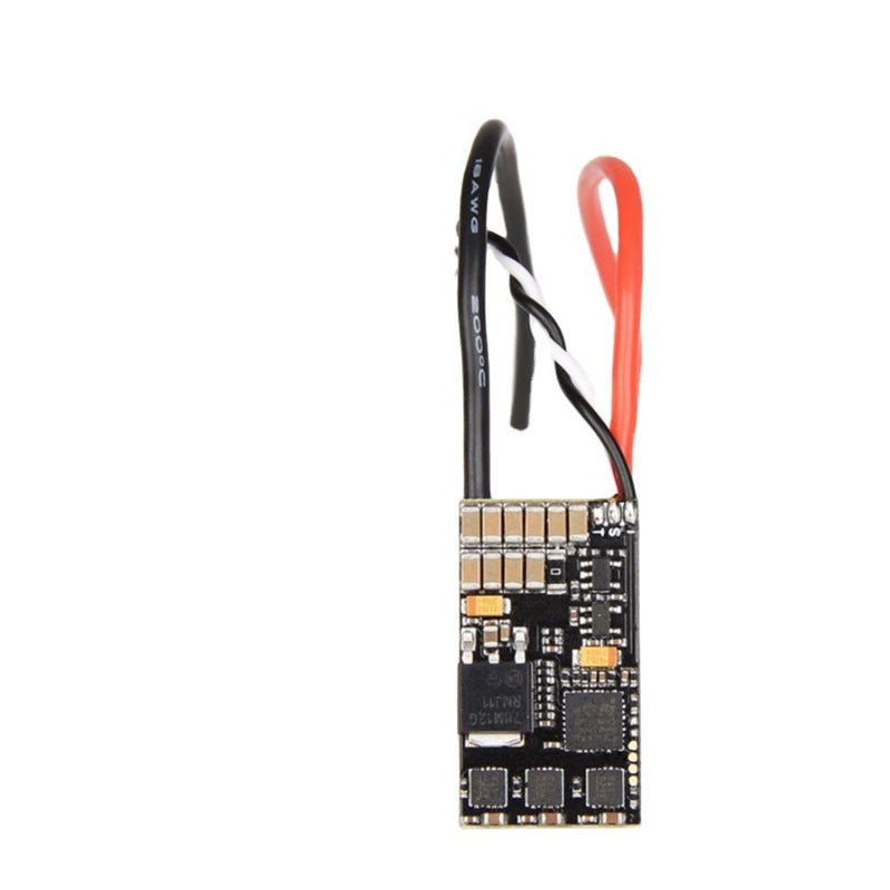 FPV flight controller PCB with red and black wires, component layout on board