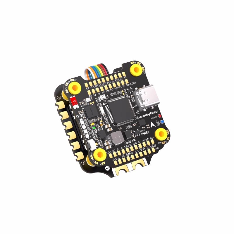 FPV flight controller stack circuit board with LEDs and ports, black PCB