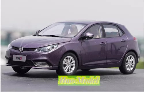 1:18 alloy diecast car, purple-gray MG5 coupe with headlights and silver wheels