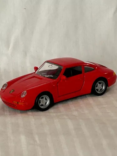 Red diecast toy car Porsche 911 Carrera, 1:36 scale, front 3/4 view