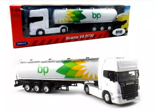 White diecast tanker truck model with bp logo on cab and tank, side view