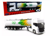 White diecast tanker truck model with bp logo on cab and tank, side view