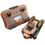 FPV drone with beige controller and mounted camera, compact foldable design