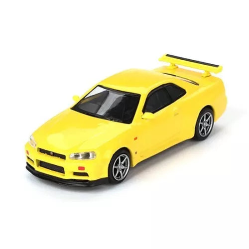 1:64 Nissan GT-R R34 V-Spec diecast, lightning yellow with black hood
