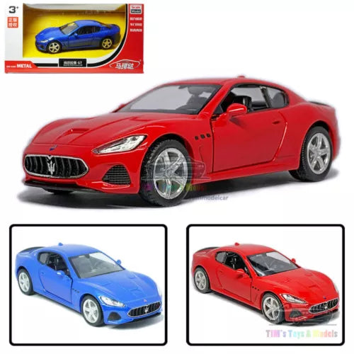 Red diecast model car with openable doors and front wheel detail, 1:36 scale toy