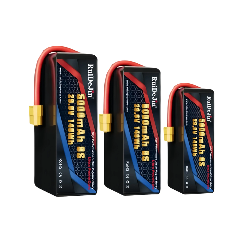 Lithium ion battery packs, red-and-black labels, three units, with gold connectors