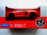 Red Lamborghini Aventador 1:43 diecast model with black wheels in retail box