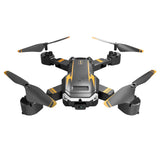 Mini quadcopter drone with four propellers, black body with yellow accents, front camera