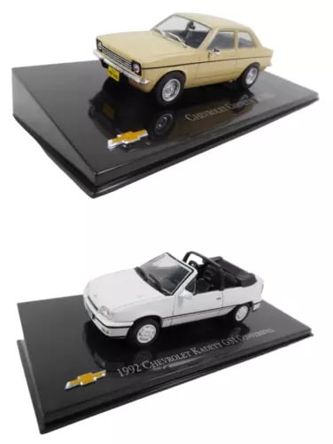 Lot of 2 diecast miniature cars: tan coupe and white car on display bases.