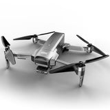Silver foldable quadcopter drone with four propellers and front camera module