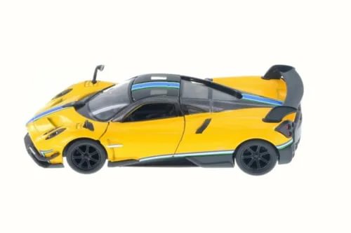 Yellow and gray diecast sports car with rear spoiler and black decals