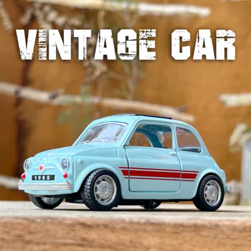 Light blue FIAT MINI vintage diecast pull-back car, red side stripe, 1:36 scale
