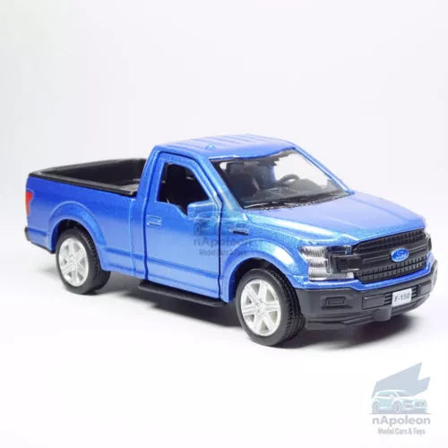 Blue pickup truck diecast model in front 3/4 view with black grille