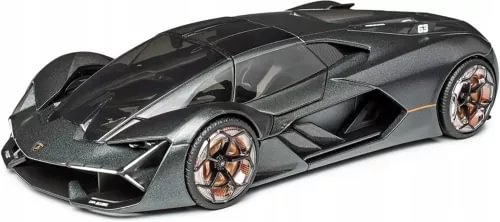 Diecast model car in dark gray with detailed wheels, front three-quarter view