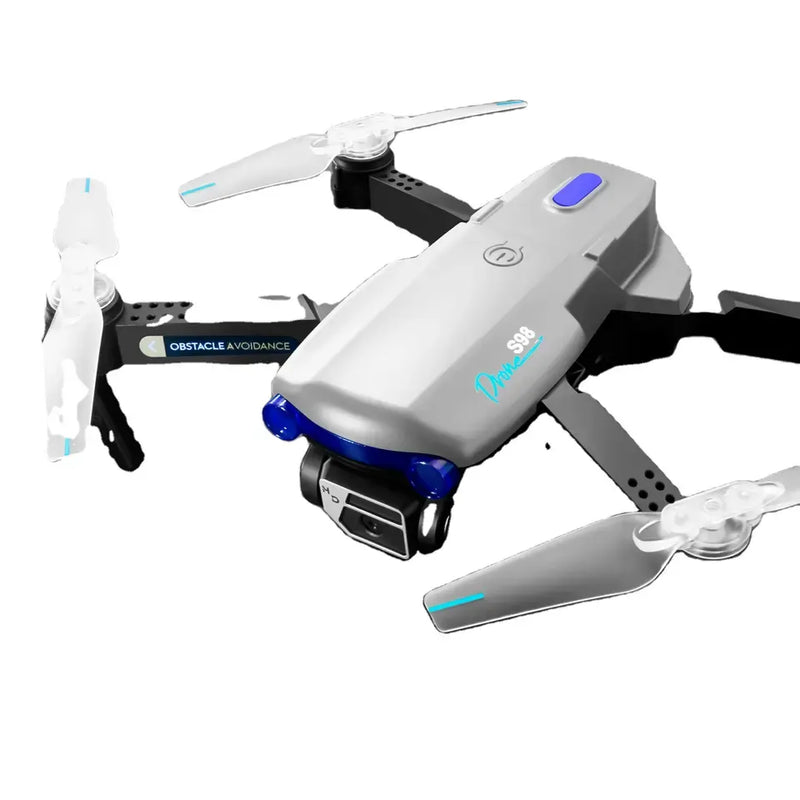 Mini quadcopter drone with HD camera, obstacle avoidance, blue LED accents