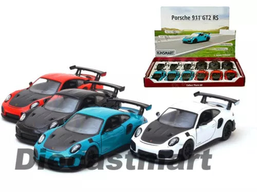 1:36 diecast Porsche GT2 RS display model set in red, blue, and white with black accents