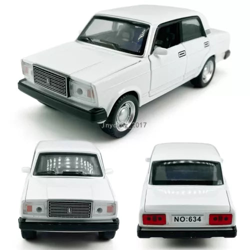 1:32 white Lada diecast model car with lights, front and rear views