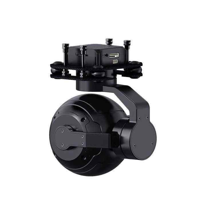 Black mini gimbal camera drone with rotating lens and quadcopter body