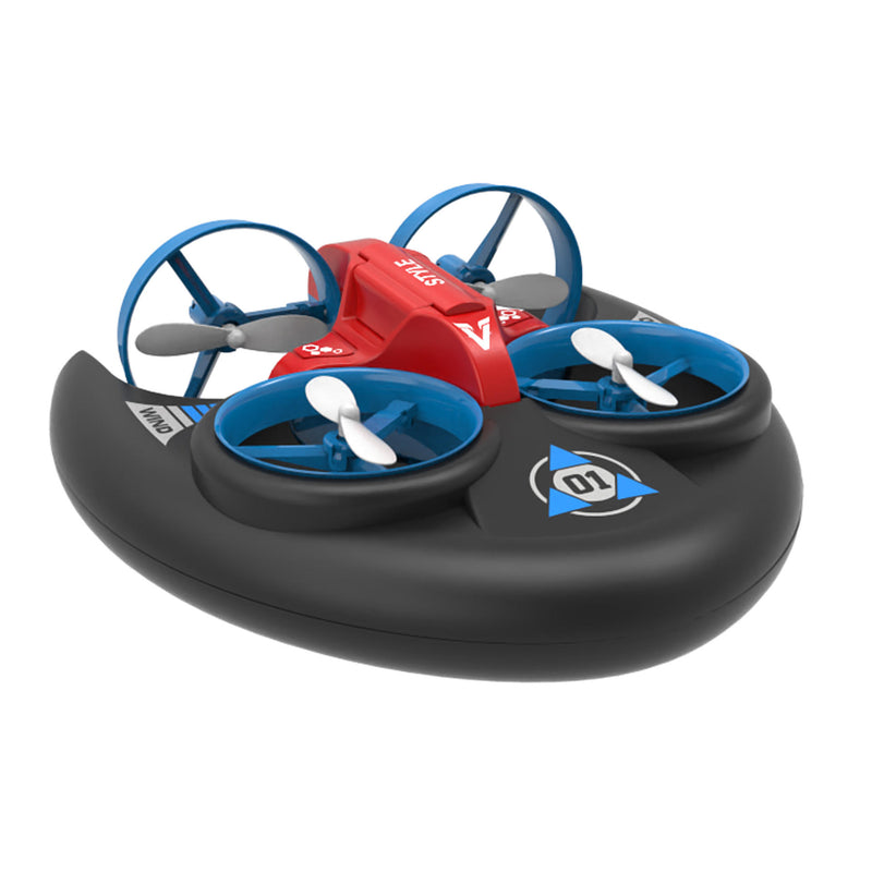 RC hovercraft drone with red top, blue rings, and four white propellers