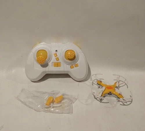 4-channel quadcopter drone with white controller; yellow accents, 6-axis gyro.