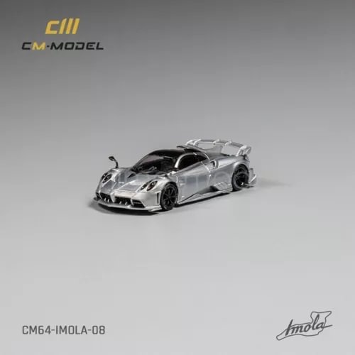 1:64 diecast model car, silver with black accents, front 3/4 angle