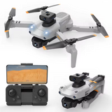 Gray mini quadcopter drone with onboard camera and four propeller arms