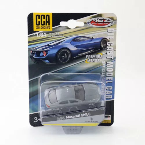 1:64 Maserati Ghibli diecast model car in blister pack, blue
