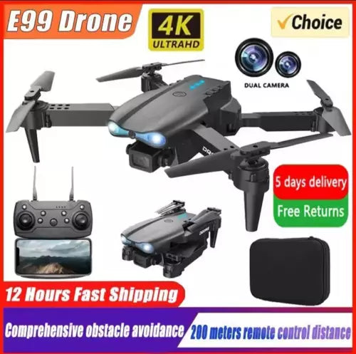 Foldable quadcopter drone with dual cameras, four propellers, and handheld remote controller.