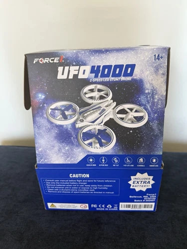 UFO 4000 LED stunt drone retail box with 2-speed design and caution labels