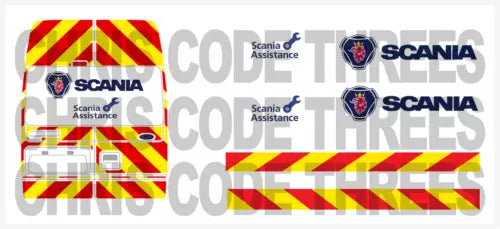 Scania Assistance adhesive vinyl decal set with red, yellow diagonal stripe panels