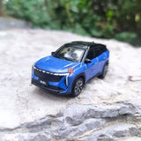 Blue diecast electric vehicle model car, front 3/4 view
