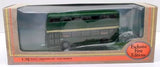 Diecast bus model in clear display box, green and gray with detailed windows