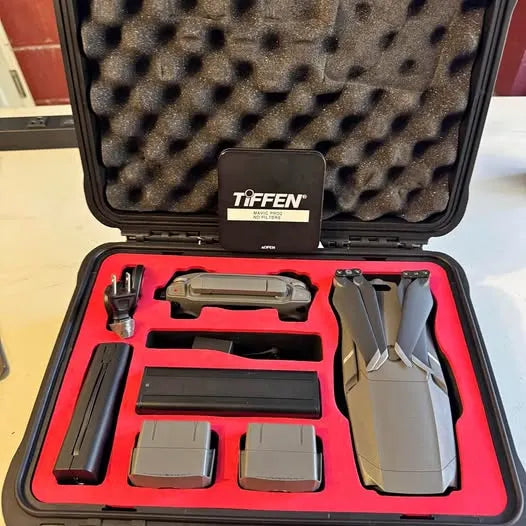 Hard case for DJI Mavic 2 drone with foam insert, tools, and Tiffen label
