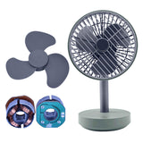 Portable mini USB fan with four blades, circular grille, and pedestal base; motor parts view