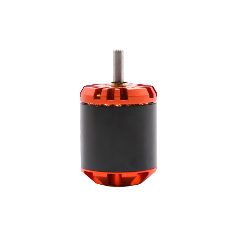 Brushless DC motor with black cylindrical body, red aluminum end cap, metal shaft