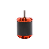 Brushless DC motor with black cylindrical body, red aluminum end cap, metal shaft