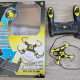 Remote-control stunt drone retail box, yellow and black with controller and quadcopter