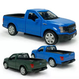1/36 Ford F-150 diecast toy pickup truck, blue with open windows and silver wheels
