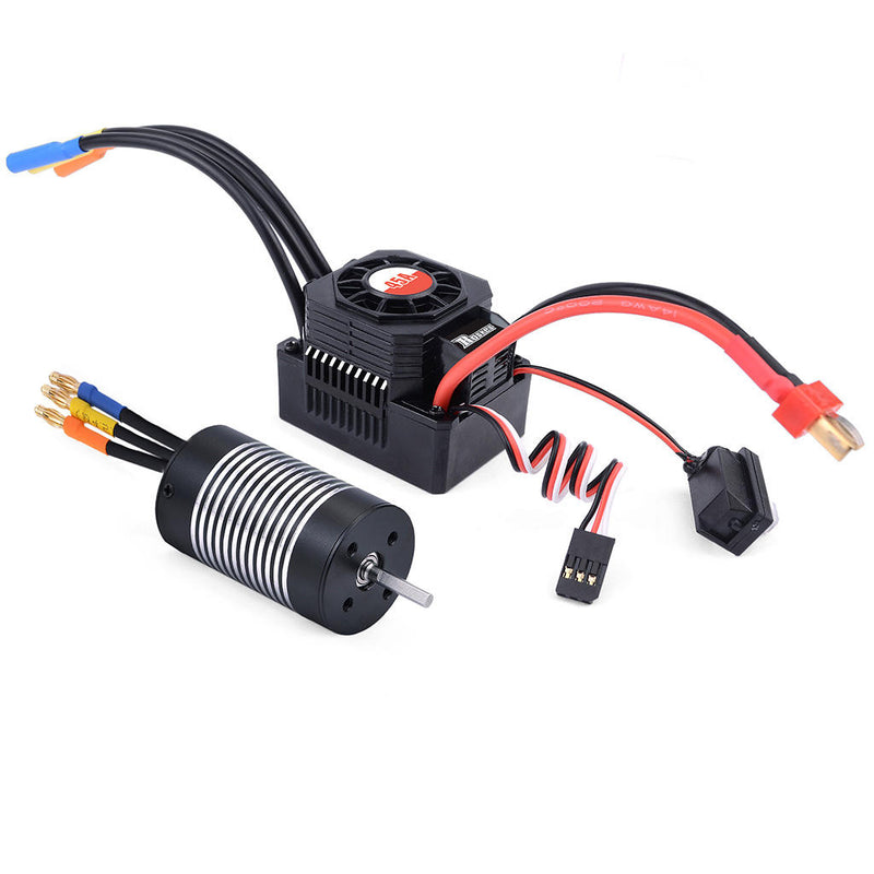 RC motor and ESC combo with black cylindrical motor and red/black wiring