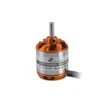 RC brushless motor with orange and silver casing and central metal shaft