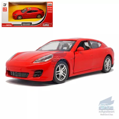 1:36 Porsche Panamera Turbo red alloy diecast model car, front 3/4 view