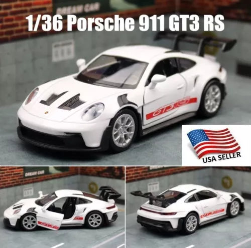 1/36 Porsche 911 GT3 RS diecast sports car model, white with red stripes, front-left view